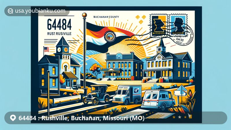 Modern illustration of Rushville, Buchanan County, Missouri, featuring Missouri state flag, Buchanan County outline, and postal elements with ZIP code 64484, highlighting small-town charm.