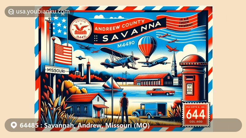 Modern illustration of Savannah, Andrew County, Missouri, showcasing rural lifestyle and community spirit with iconic Missouri symbols, featuring Andrew County Museum and postal elements.