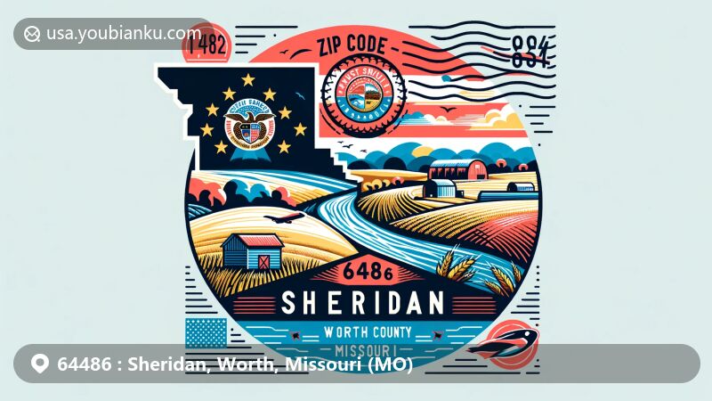 Modern illustration of Sheridan, Worth County, Missouri, depicting ZIP code 64486, showcasing Platte River proximity, rural ambiance, and postal motifs.
