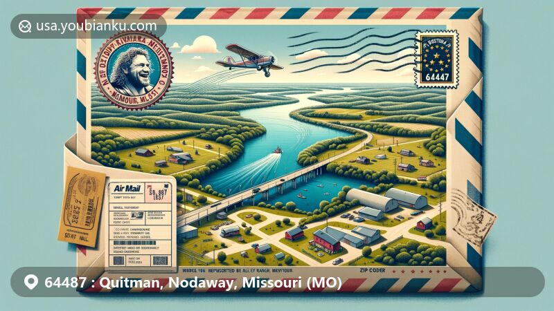 Modern illustration of Quitman, Nodaway County, Missouri, showcasing postal theme with ZIP code 64487, featuring rural charm, Nodaway River, and Bilby Ranch Lake Conservation Area.