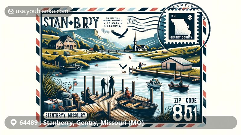 Modern illustration of Stanberry, Gentry County, Missouri, with postal theme and outdoor activities, reflecting tranquility and harmony of the community.