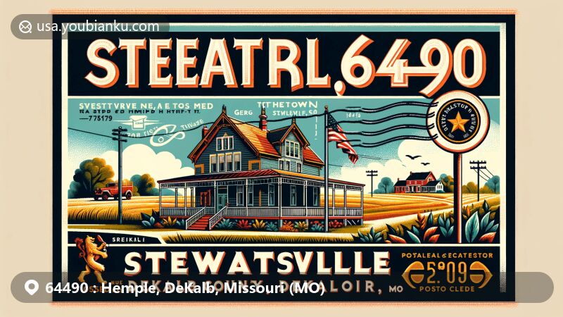 Modern illustration of Hemple, DeKalb County, Missouri, blending Stewartsville's charm with Tethertown's history and George Tetherow connection, featuring rural scenery and the iconic ZIP code 64490.