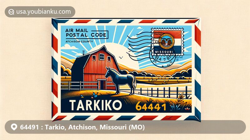 Modern illustration of Tarkio, Atchison County, Missouri, with focus on postal theme featuring ZIP code 64491, showcasing Tarkio Mule Barn and Missouri state flag.