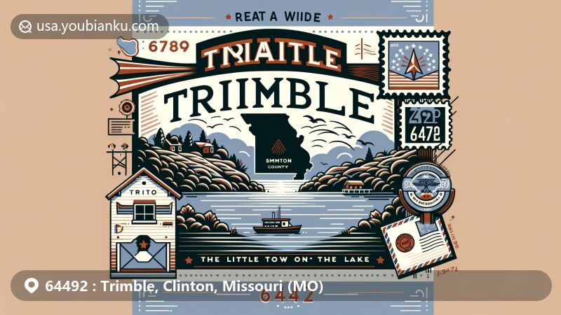 Modern illustration of Trimble, Clinton County, Missouri, representing ZIP code 64492, featuring Clinton County outline, Smithville Lake, vintage postcard design, postal stamp, envelope, and '64492' ZIP code.