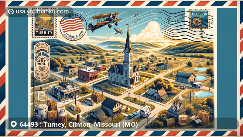 Artistic depiction of Turney village, Clinton County, Missouri, framed in vintage air mail envelope with postal elements, featuring historical building symbolizing local heritage.