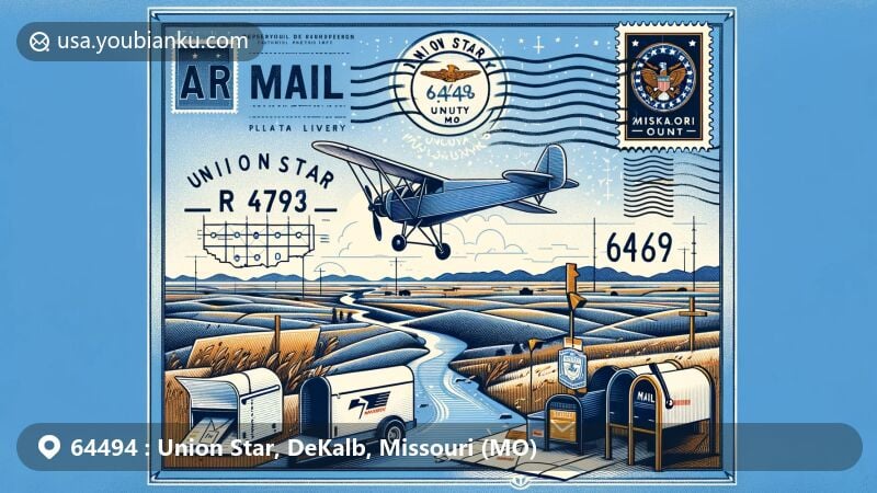 Creative illustration of Union Star, Missouri, merging regional features with postal theme, highlighting ZIP code 64494, Union Star town, MO, and Missouri state flag.