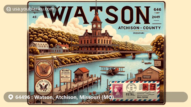 Modern illustration of Watson, Atchison County, Missouri, blending unique regional features and postal theme, showcasing Missouri River, Walnut Inn, and vintage airmail envelope with '64496' ZIP code.