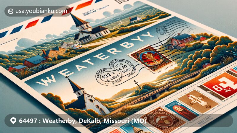 Modern illustration of Weatherby, Missouri, showcasing postal theme with ZIP code 64497, featuring vintage air mail envelope, DeKalb County outline, Serbian Orthodox monasteries, and serene village landscape.