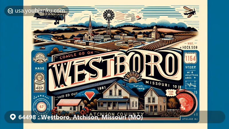 Modern illustration of Westboro, Atchison County, Missouri, depicting postal theme with ZIP code 64498, showcasing historic roots since 1881 and agricultural background in a 0.25 sq mi area, featuring a vintage airmail envelope with stamps, postmarks, and local landmarks.