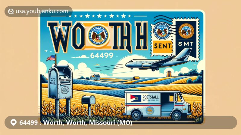 Modern illustration of Worth, Missouri, highlighting ZIP code 64499 with iconic Midwestern landscape, featuring farmlands and Missouri state symbols.