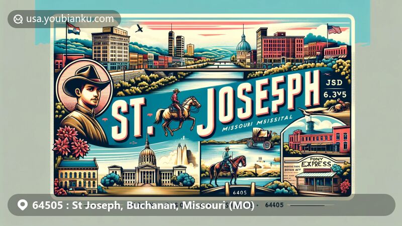 Modern illustration of St. Joseph, Missouri, highlighting ZIP code 64505, showcasing the Missouri River, the Pony Express Museum, and downtown skyline, blending historical and contemporary elements with the state flag and a Pony Express rider.