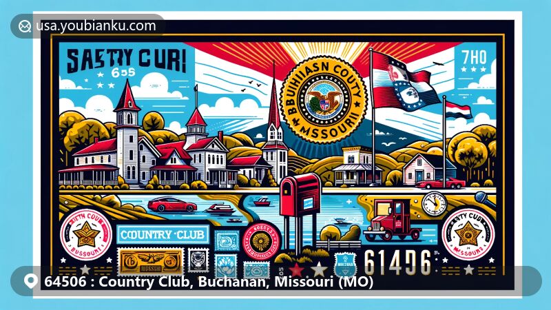 Modern illustration of Country Club area in Buchanan County, Missouri, featuring Missouri state flag, postal elements, and symbolic landmarks.