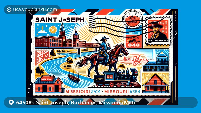Modern illustration of Saint Joseph, Missouri, featuring postal theme with ZIP code 64508, showcasing landmarks like the Pony Express Museum and Jesse James Home Museum.