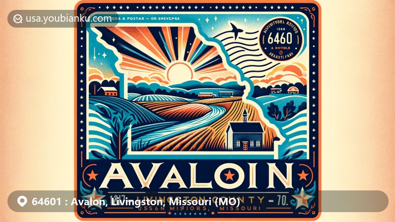 Modern illustration of Avalon area in Livingston County, Missouri, showcasing postal theme with ZIP code 64601, featuring Missouri state outline and location of Avalon marked by a star, symbols representing rural charm and history, including fields or rivers, proximity to Missouri H and US Route 65, subtle nod to its 1869 establishment inspired by Avallon, France, and postal elements like stamps, postmarks, and prominent '64601' ZIP code.