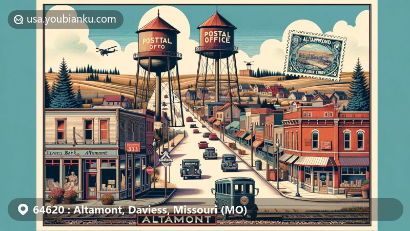 Modern illustration of Altamont, Missouri, depicting Main Street in the early 1900s with Citizens Bank of Altamont and Red Onion Cafe, showcasing historical charm. Altamont Post Office and town water tower are also featured alongside geographical and historical context, including Rock Island Railroad's highest elevation point between Kansas City and Chicago, vintage postal stamp with ZIP code 64620, old-fashioned post box, and modern postal delivery van.