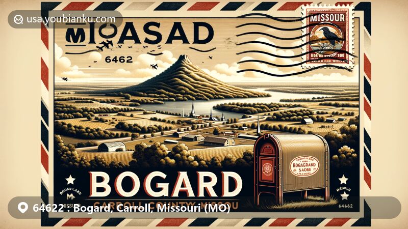 Vintage-style illustration of Bogard, Carroll County, Missouri, showcasing rural landscape with Bogard Lake and Mound Bogard, featuring vintage air mail envelope frame with Missouri state flag stamp and Bogard, MO 64622 postal mark.