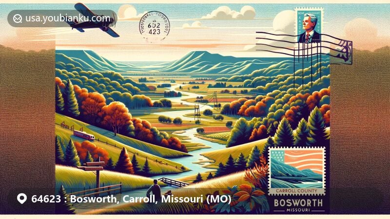 Modern illustration of Bosworth, Missouri, showcasing rural landscapes with hills, forests, streams, and hiking trails. Features postcard theme with postal stamp of cityscape, ZIP code 64623, and map of Carroll County.