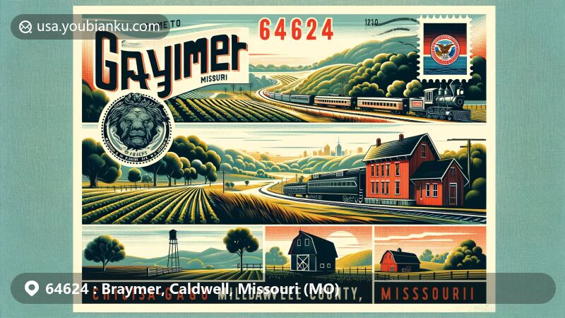 现代插图描绘了密苏里州卡德威尔县Braymer地区，突出了邮政编码64624的小镇魅力，包括火车、山丘、农场、密苏里州旗和县轮廓等元素。