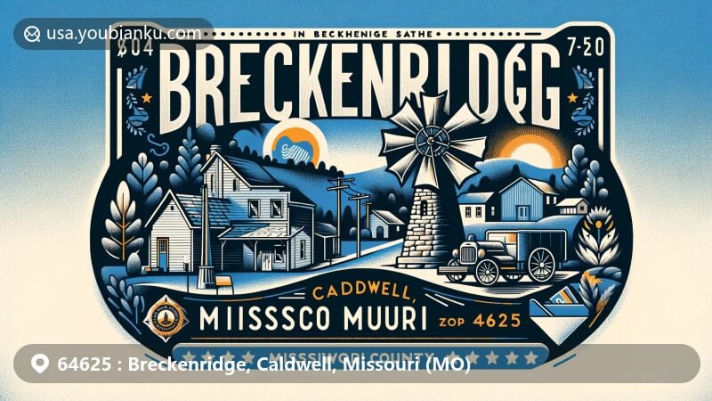 Modern illustration of Breckenridge, Caldwell, Missouri, depicting ZIP code 64625 area with small town charm and postal heritage, featuring Haun’s Millstone Monument and Missouri state flag.