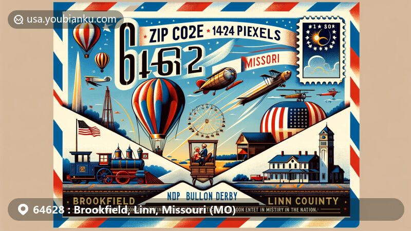 Modern illustration of Brookfield, Linn County, Missouri, featuring airmail-style envelope with ZIP code 64628, showcasing Great Pershing Balloon Derby and Tillman House exhibits.