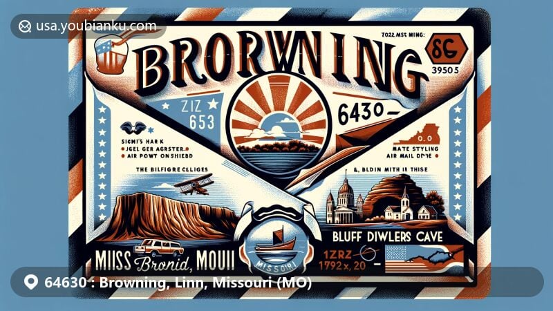 Modern illustration of Browning, Missouri, showcasing postal theme with ZIP code 64630, featuring Bluff Dwellers Cave and Missouri state symbols.