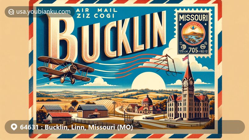 Modern illustration of Bucklin, Missouri, showcasing vintage air mail envelope with ZIP code 64631, featuring local landmarks and Missouri state symbols.