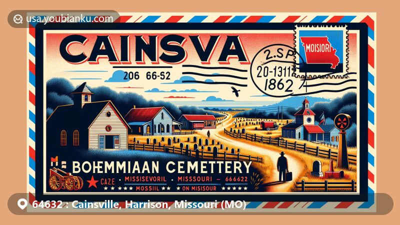 Modern illustration of Cainsville, Missouri, showcasing the quaint village vibe and Bohemian Cemetery, emphasizing ZIP code 64632, with Missouri state flag, post office, and rural landscape, framed in vintage air mail envelope.