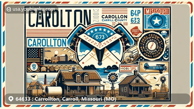 Vintage airmail envelope illustration of Carrollton, Carroll County, Missouri, depicting iconic symbols including a log cabin, Missouri state flag, and agricultural heritage, with ZIP code 64633.