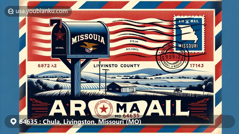 Modern illustration of Chula, Livingston County, Missouri, featuring vintage airmail envelope background with Missouri state flag, rural mailbox, postal stamp, and scenic landscape.