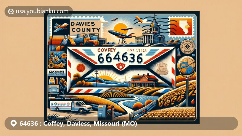 Modern illustration of Coffey, Daviess County, Missouri, featuring ZIP code 64636 and postal theme with air mail envelope, postage stamps, and postmark.