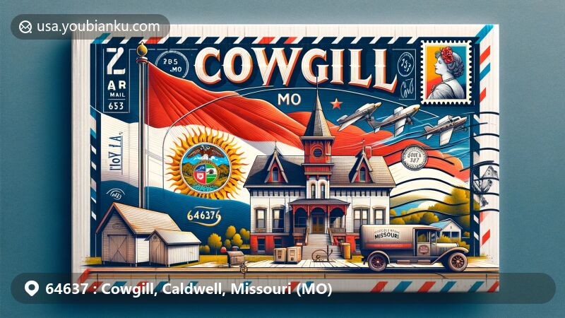 Modern illustration of Cowgill, Missouri, featuring postal theme with ZIP code 64637, showcasing community center against Missouri state flag and vintage postal elements.