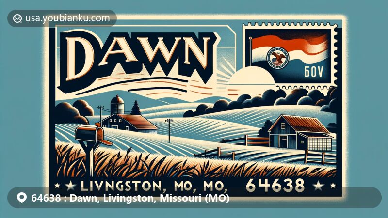 Modern illustration of Dawn, Livingston County, Missouri, featuring rustic barn and farmlands, highlighting agricultural roots and natural beauty, with Missouri state flag and postal stamp with 'Dawn, MO 64638' and red mailbox.