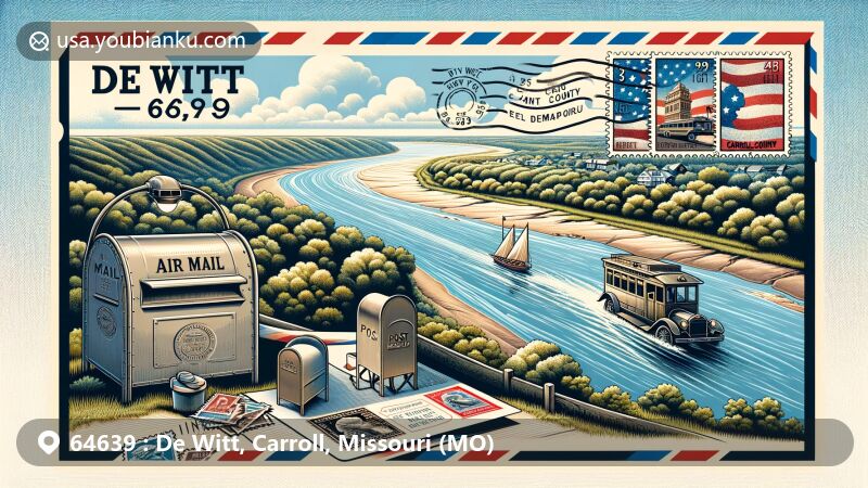 Creative illustration of De Witt, Missouri, showcasing the confluence of the Grand and Missouri rivers, with vintage air mail envelope, classic mailbox, postal vehicle, stamps, and postmark displaying ZIP code 64639.