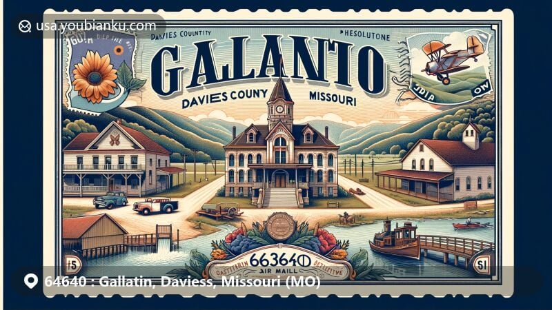 Modern illustration of Gallatin, Daviess County, Missouri, featuring Daviess County Rotary Jail and Sheriff's Residence, A. Taylor Ray House, and Daviess County Courthouse, highlighting historical and geographical elements.