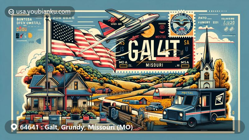 Modern illustration of Galt, Grundy County, Missouri, highlighting postal theme with ZIP code 64641, featuring Missouri state flag, Grundy County outline, and a rural landscape of Galt.