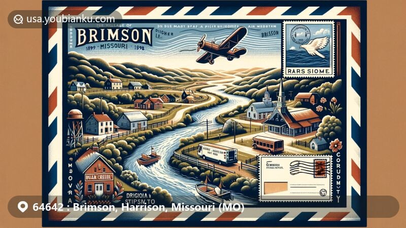 Modern illustration of Brimson, Missouri, showcasing postal theme with ZIP code 64642, featuring Sugar Creek and Crowder State Park.