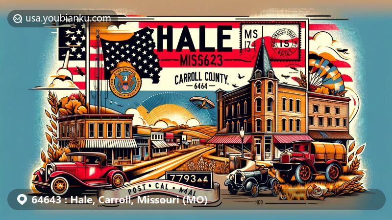 Modern illustration of Hale, Carroll County, Missouri, highlighting ZIP code 64643, small-town charm, Missouri state flag, Carroll County landmark, and vintage postal elements.
