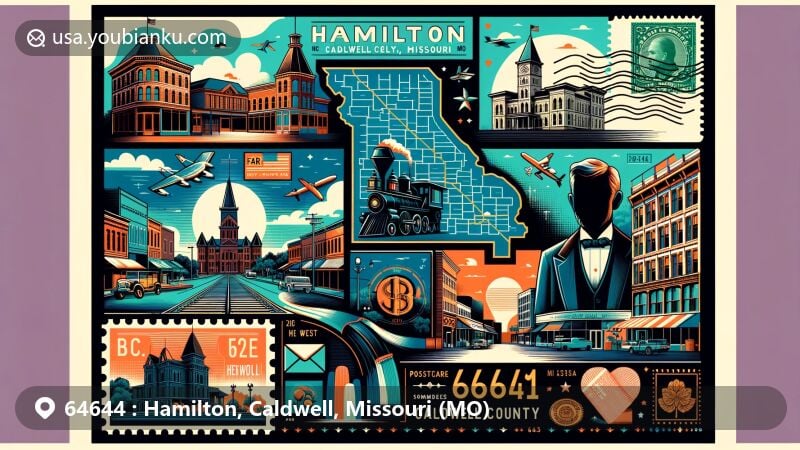 Modern illustration of Hamilton, Caldwell County, Missouri, inspired by postal theme with ZIP code 64644, featuring historical downtown, J.C. Penney Museum, Far West landmark, and Missouri map outline.