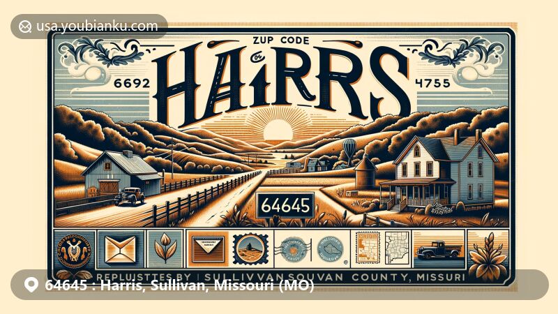 Modern illustration of Harris, Sullivan County, Missouri, representing ZIP code 64645 with vintage postcard style, showcasing small-town charm, rural landscape, and Midwest farmland.