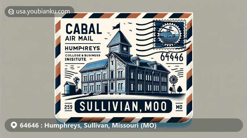 Modern illustration of Humphreys, Sullivan County, Missouri, featuring airmail envelope with historic building outline, symbolizing educational and industrial history, adorned with '64646' ZIP code and Missouri state flag.