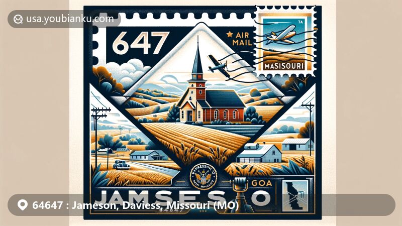 Modern illustration of Jameson, Missouri, in Daviess County, showcasing postal theme with ZIP code 64647, featuring rural atmosphere, air mail envelope with Missouri outline stamp, Jameson landscape, and Old Scotland Church & Cemetery.
