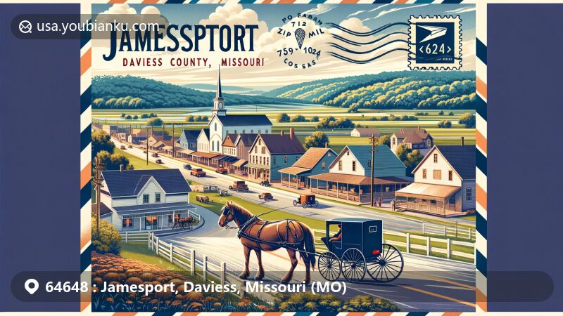 Modern illustration of Jamesport, Daviess County, Missouri, showcasing Amish community and rural charm, featuring serene atmosphere, Amish horse and buggy on Main Street, picturesque landscapes, and postal elements.