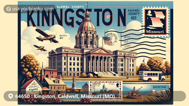 Modern illustration of Kingston, Caldwell County, Missouri, presenting postal theme with ZIP code 64650, showcasing Caldwell County Courthouse and Far West historical site.
