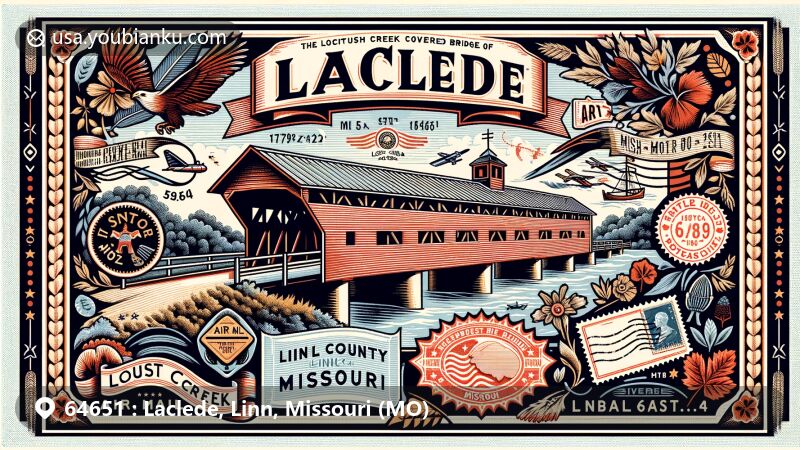 Modern illustration of Laclede, Linn County, Missouri, highlighting Locust Creek Covered Bridge and postal themes, featuring vintage postcard elements with ZIP code 64651 and state symbols.