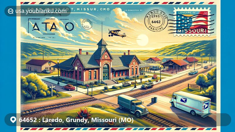 Modern illustration of Laredo, Grundy County, Missouri, showcasing postal theme with ZIP code 64652, featuring the former Milwaukee Railroad depot and Missouri's natural landscapes.