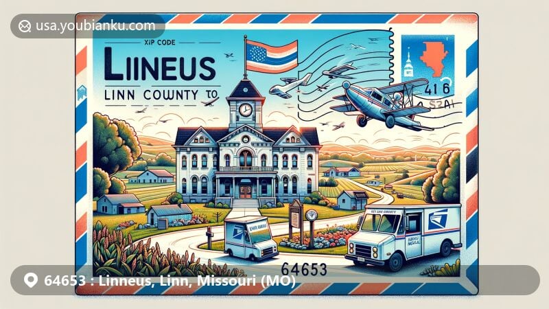 Modern illustration of Linneus, Linn County, Missouri, capturing the county seat charm with a significant courthouse or city hall, set amidst Midwest's natural beauty, enveloped in postal theme with ZIP code 64653 and vintage postal elements.