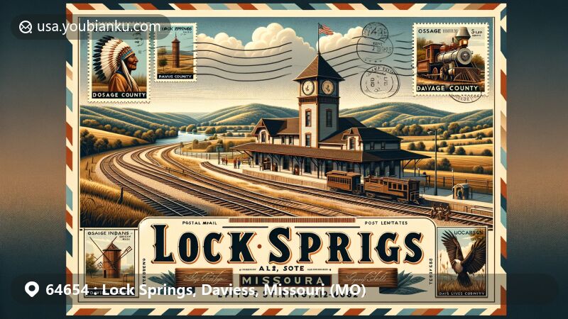 Modern illustration of Lock Springs, Daviess County, Missouri, showcasing a vintage postcard theme with key historical site of the old railroad depot, hills, and lush landscapes, integrating Osage Indians and modern postal elements like Missouri state flag stamps.