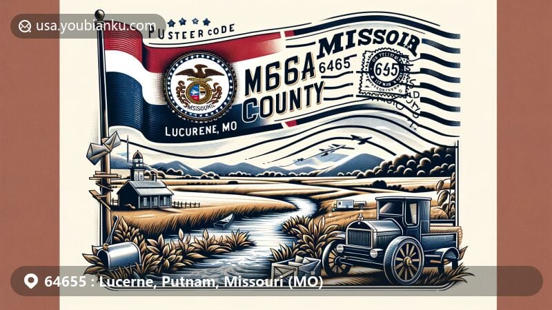 Modern digital illustration of Lucerne, Putnam County, Missouri, showcasing postal theme with ZIP code 64655, featuring Missouri state flag and typical Midwestern landscapes.