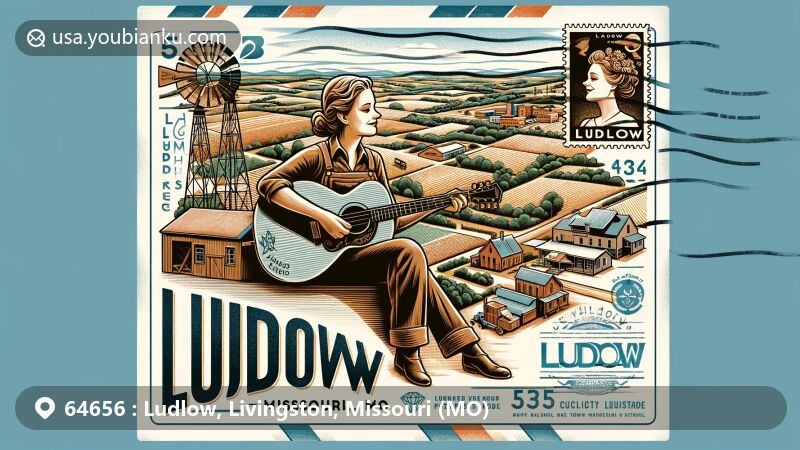 Modern illustration of Ludlow, Missouri, blending rural scenery with postal elements, featuring airmail envelope with town map, farmlands, and small-town buildings, along with stamp honoring Lena Hughes and ZIP code 64656.