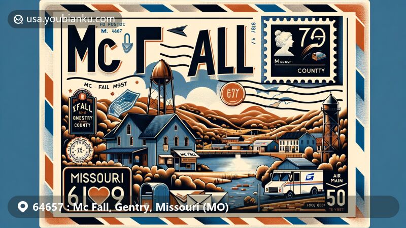 Contemporary illustration of Mc Fall, Gentry County, Missouri, representing ZIP code 64657 with a postal theme and rural charm, featuring vintage postcard elements and Missouri's scenic beauty.